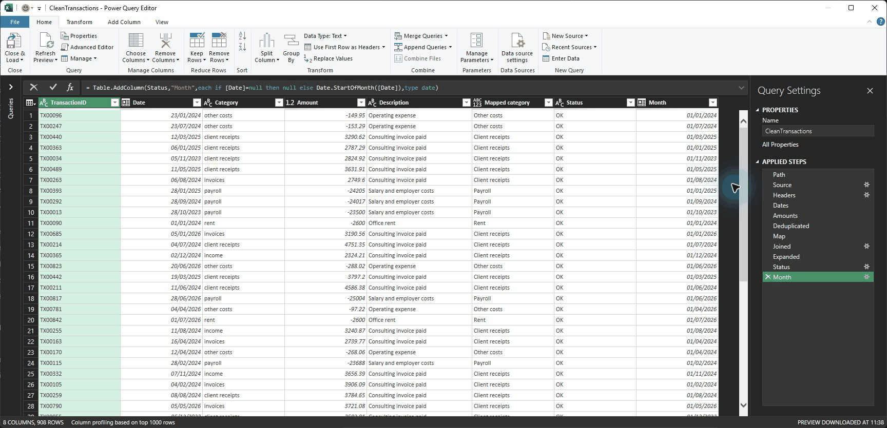 Power Query Editor showing the cleaned transactions and applied transformation steps
